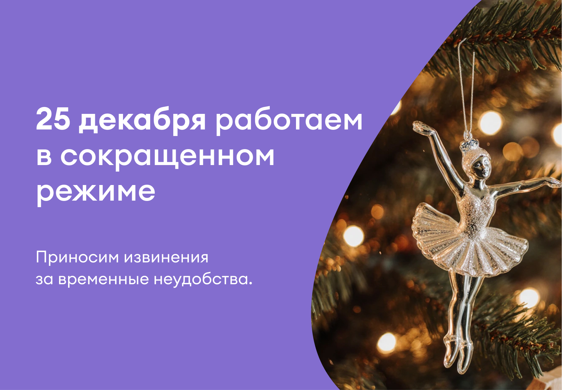 25 декабря наша клиника будет работать в сокращенном режиме – с 8:00 до 15:00.